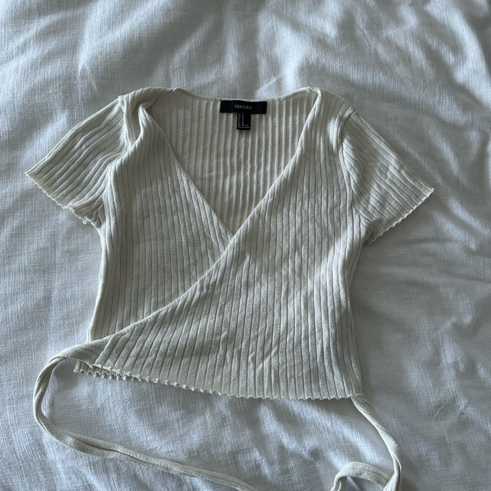 Forever 21 Ribbed V-Neck Wrap Blouse in Cream